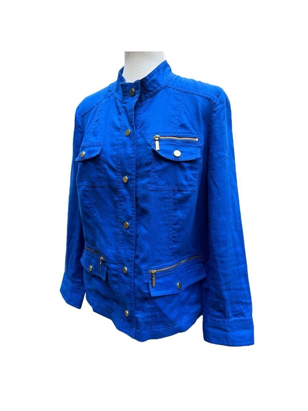 Chico’s 100% Linen Blue Utility Jacket Size 1 (M) Gold Zip Pocket Detail Classic - Picture 12 of 12